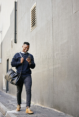 Buy stock photo Black man, phone and luggage for travel with train schedule, metro commute and waiting on transport. Male person, mobile and communication with suitcase, morning journey and location for subway delay