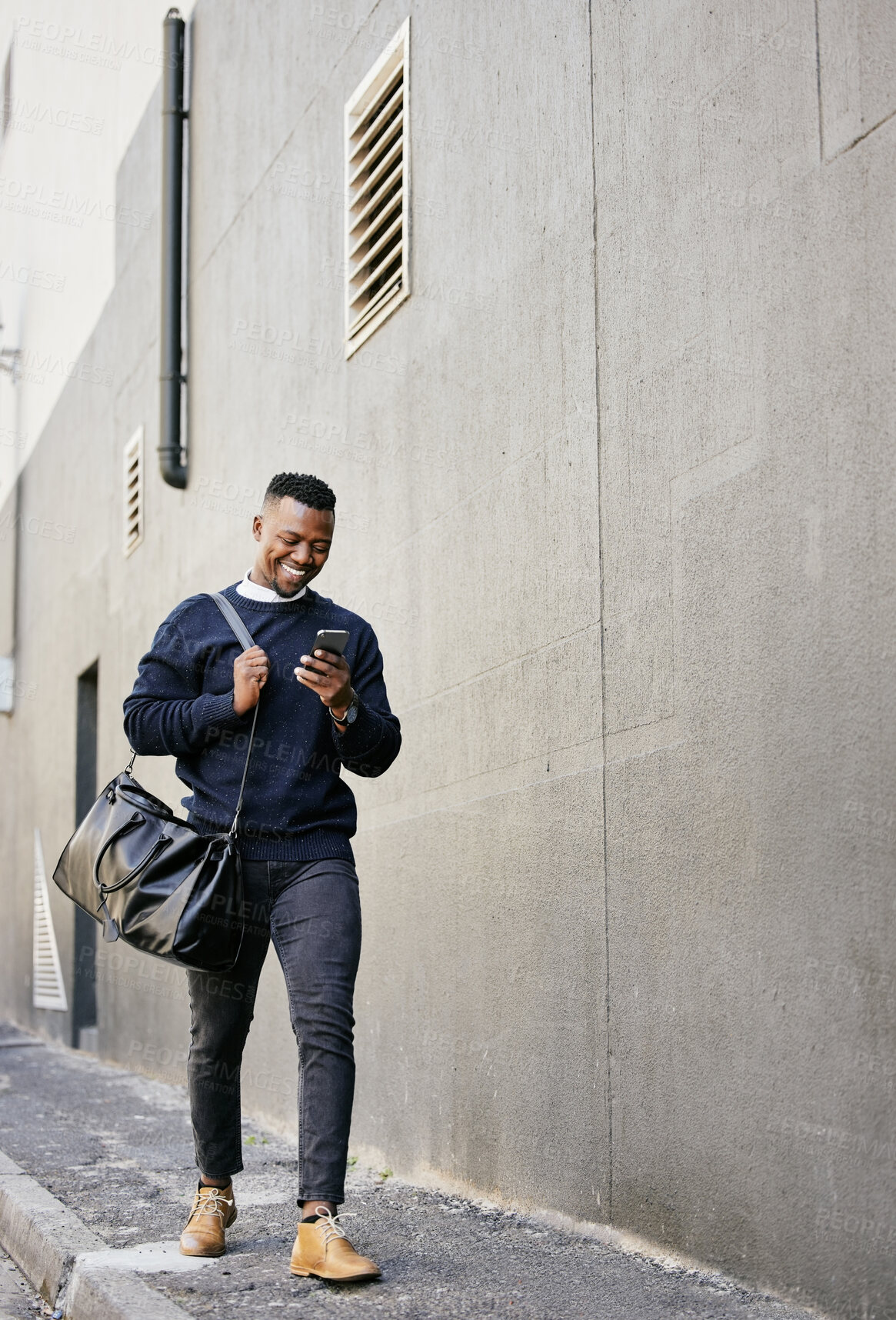 Buy stock photo Black man, phone and luggage for travel with train schedule, metro commute and waiting on transport. Male person, mobile and communication with suitcase, morning journey and location for subway delay