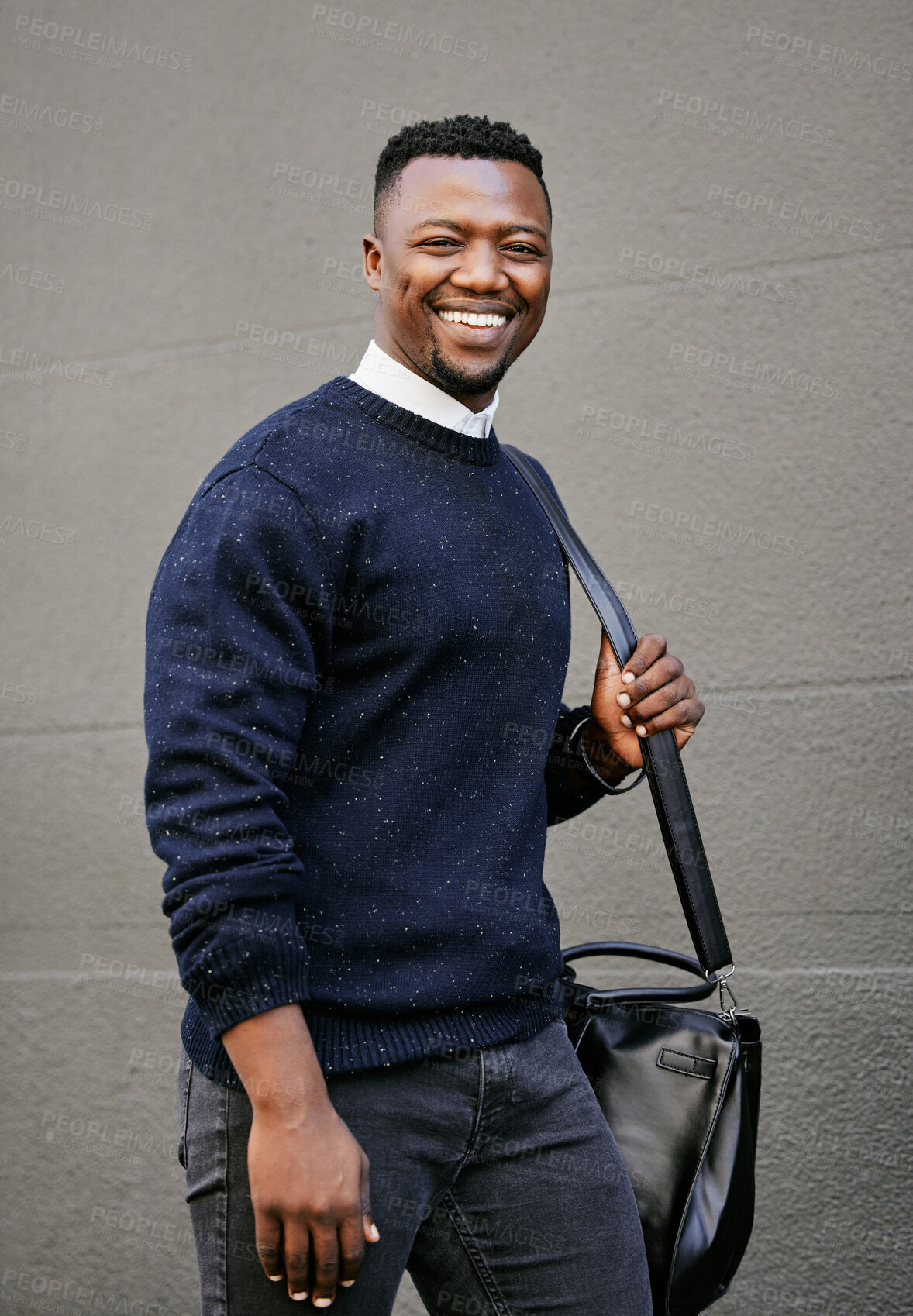 Buy stock photo Happy, bag and portrait of businessman in city walking  by wall for commuting to work. Travel, smile and African male financial advisor from Nigeria with corporate satchel for trip in urban town.