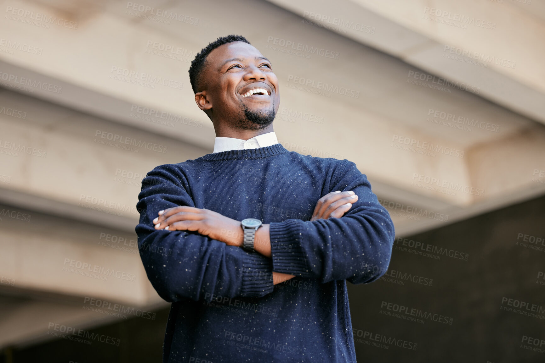 Buy stock photo Happy, crossed arms and businessman in city for thinking with pride for finance revenue planning. Ideas, smile and African male financial advisor from Nigeria with confidence for career in urban town