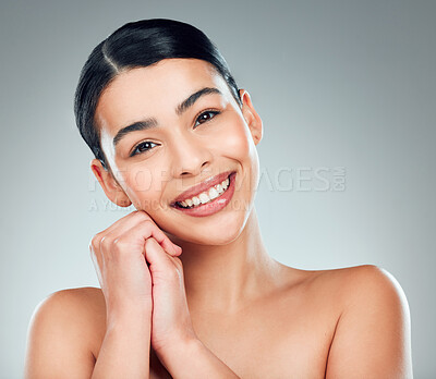 Buy stock photo Skincare, happy and portrait of woman in studio with hydration, collagen or facial routine. Natural, beauty and female person from Puerto Rico with dermatology treatment for glow by gray background.