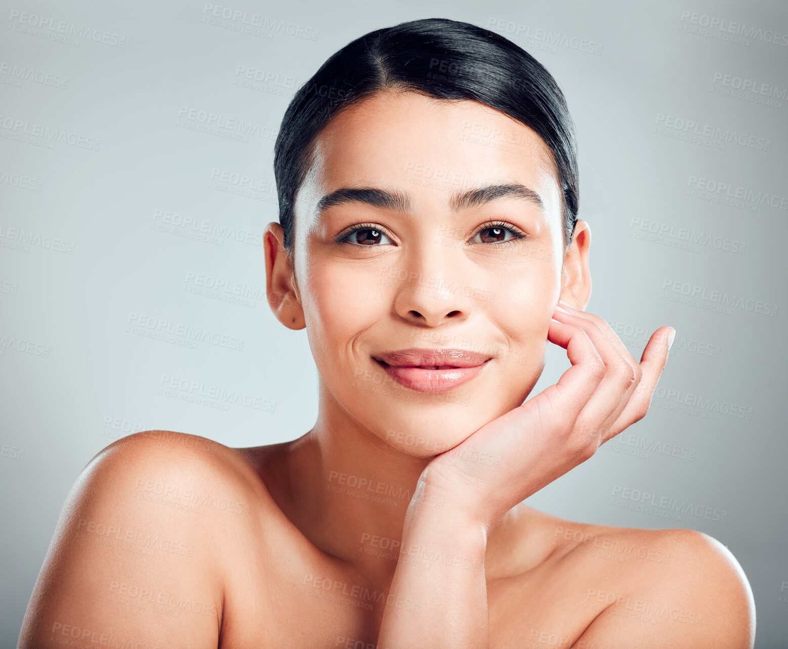 Buy stock photo Skincare, wellness and portrait of woman in studio with hydration, collagen or facial routine. Natural, health and female person from Puerto Rico with glow dermatology treatment by gray background.