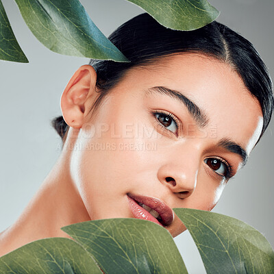 Buy stock photo Beauty, skincare and leaf with portrait of woman in studio for cosmetics, detox and facial. Self care, glow and organic treatment with face of person on white background for clean, natural and spa.