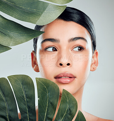 Buy stock photo Woman, leaf and zen with natural beauty for skincare, cosmetics or facial on a gray studio background. Young, female person or model with organic plant for salon detox, shine or spa treatment