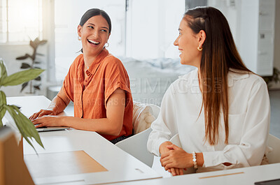 Buy stock photo Business people, laptop and women in office, conversation and brainstorming for project. Employees, coworkers and creative agency with planning, talking and computer with internet, startup and smile