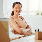 Portrait of one confident young hispanic business woman sitting with ...