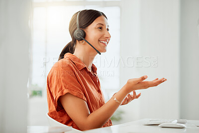 Buy stock photo Explain, computer or woman in call center for financial consulting, loan questions or online advice. Talking, customer service or female consultant typing on pc for telemarketing or communication