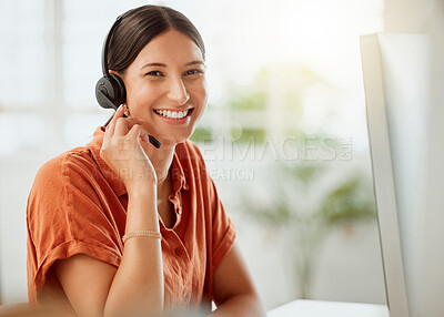 Buy stock photo Happy woman, portrait and headset in office for contact, consult and smile for connectivity. Virtual assistant, business and tech in workplace for innovation, feedback and advice at help desk in Peru