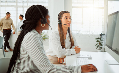 Buy stock photo Call center, computer and women training with support for telemarketing or customer service. Helping, coaching and female people learning on pc for consulting advice, teamwork or question in business