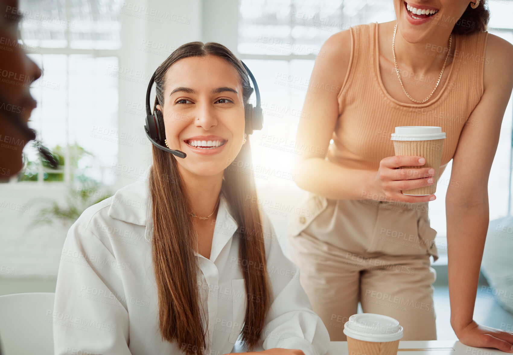 Buy stock photo Call center, coffee or women on break in office for telemarketing or customer service. Helping, coaching and happy people training in new job for consulting support, teamwork or question in business