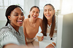 Portrait of a confident young african american business woman taking selfies with her colleagues in an office. Group of three happy smiling women taking photos as a dedicated and ambitious team in a creative startup agency