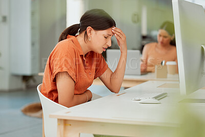 Buy stock photo Woman, computer and stomach ache in office with stress, menstruation cramps and nausea at desk. Assistant, anxiety and tummy pain in workplace with IBS symptoms, endometriosis and digestion illness