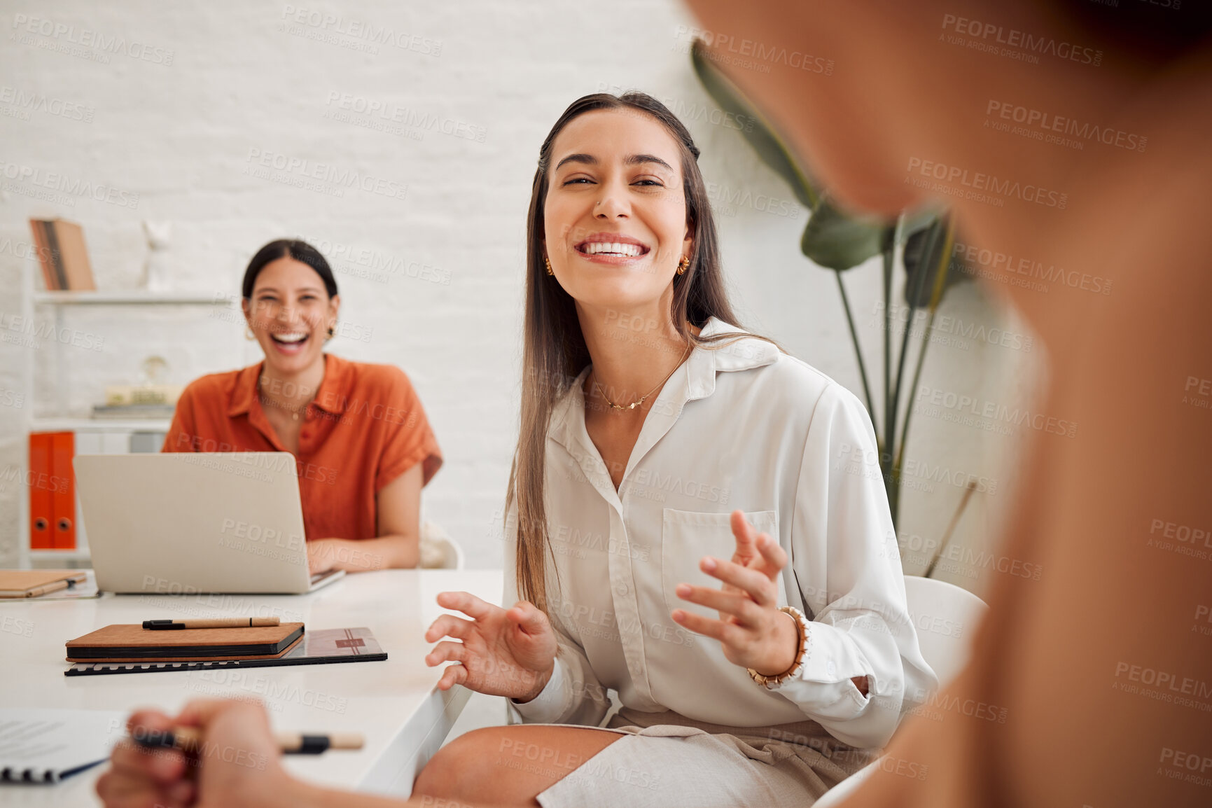 Buy stock photo Office, business people and women with discussion for creative agency, share ideas and startup progress. Boardroom, employees and journalism team with conversation for news story, tips and laughing