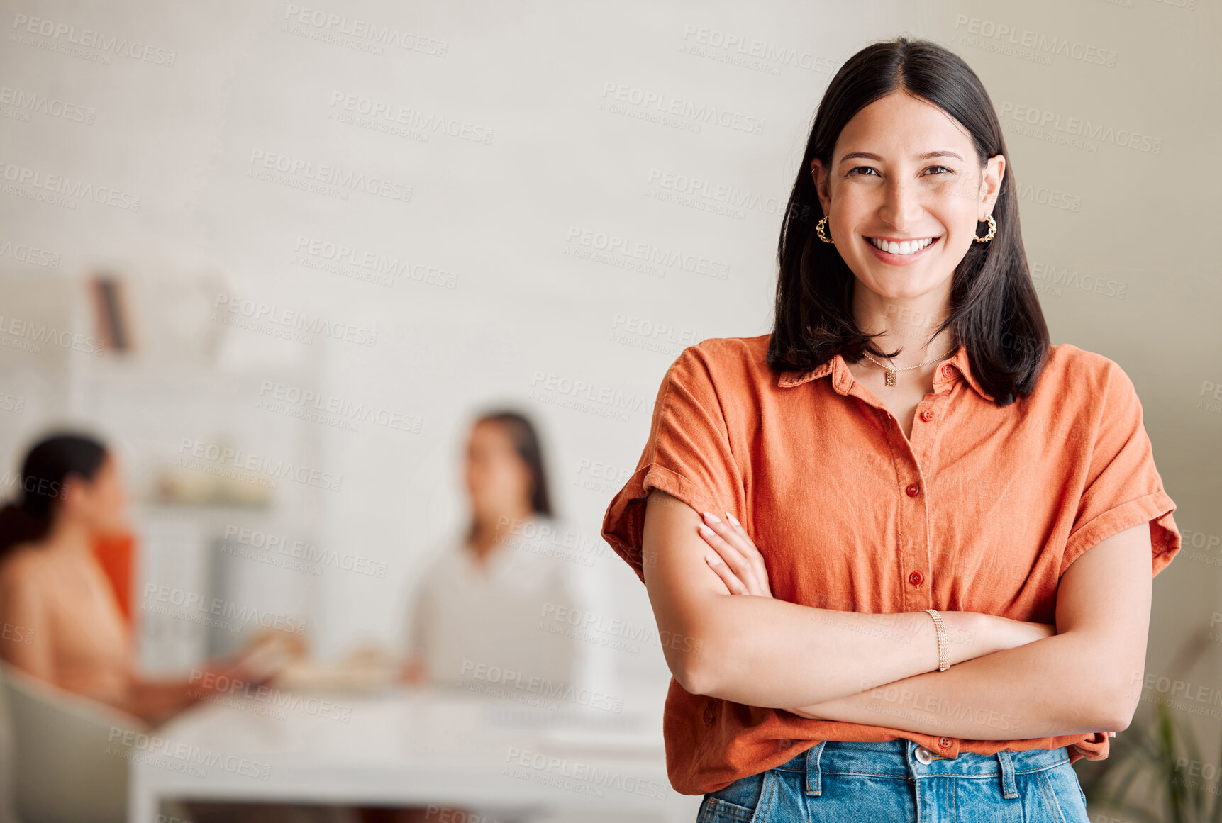 Buy stock photo Office, happy businesswoman and portrait with pride for creative agency, leadership or startup space. Boardroom, team and female manager with arms crossed for publication industry, smile or career