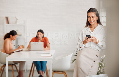 Buy stock photo Office, businesswoman and smile with smartphone for chat, text message or notification from client. Boardroom, employees or female manager for leadership with mobile, about us page or startup website