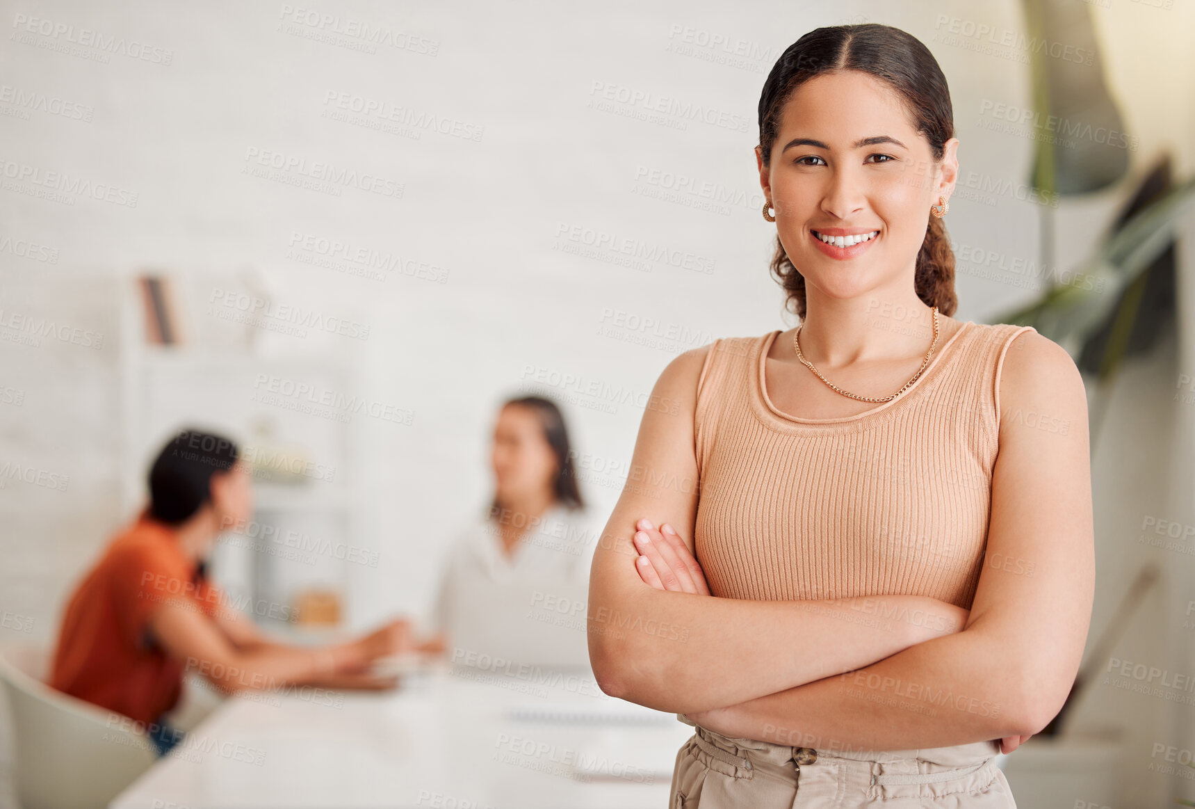 Buy stock photo Girl, confident and portrait in office for creativity, small business growth or career development. Woman leader, happy or arms crossed in design agency for ambition, startup pride or smile with team