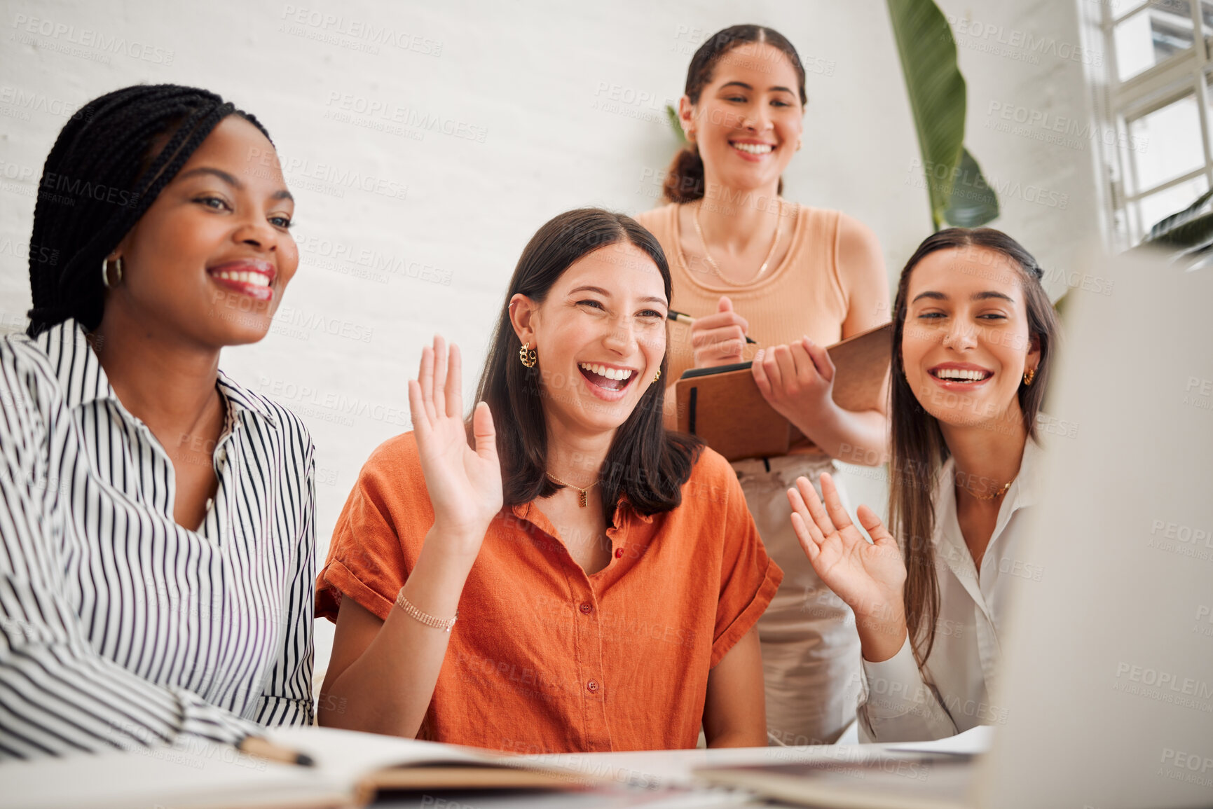 Buy stock photo Women, team and wave on video call with laptop in modern office, smile and diversity at media company. Business people, startup and hello with contact, meeting and excited for deal at creative agency