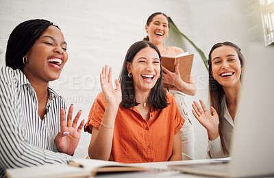 Buy stock photo Women, team and video call with laptop in modern office for wave, smile or diversity at media company. Business people, startup and computer in meeting, contact or excited for deal at creative agency