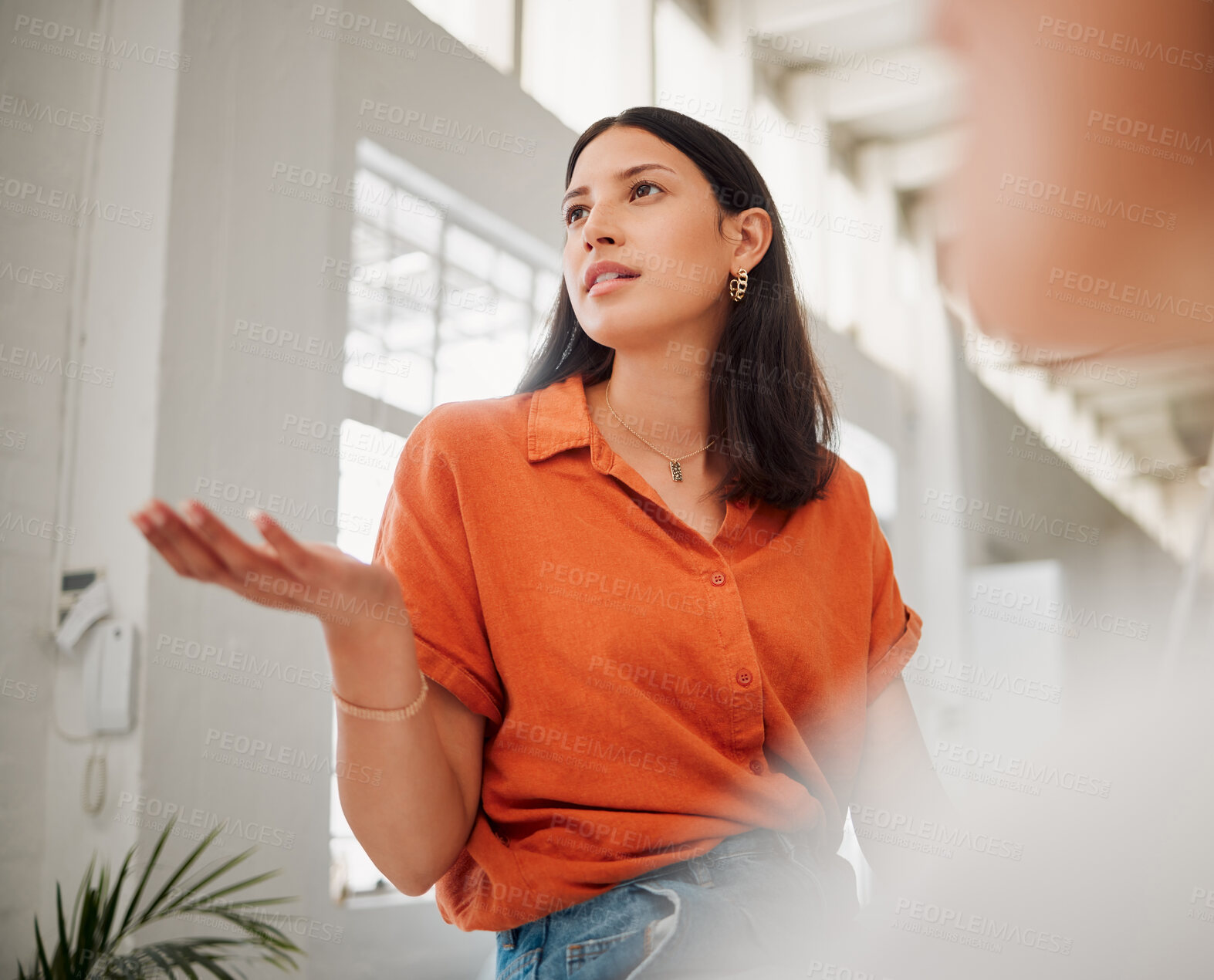 Buy stock photo Startup, talking or business woman in discussion for creative agency, share ideas and brainstorming. Office, employees or journalism team in meeting in conversation for news story, tips or progress