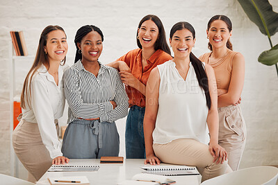 Buy stock photo Teamwork, about us and smile with portrait of business people in office for partnership, diversity and community. Support, solidarity and empowerment with group of women in startup for mission
