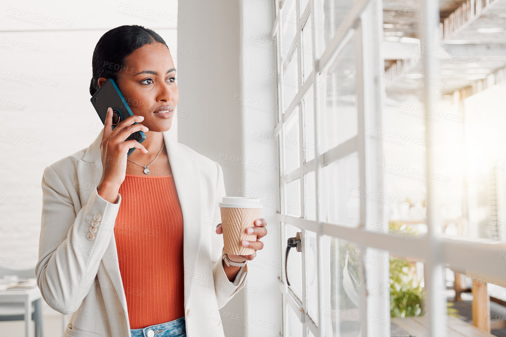 Buy stock photo Thinking, coffee or businesswoman in startup with phone call, career ambition or mission in office. Beverage, designer or creative entrepreneur talking in agency for ideas, networking or planning