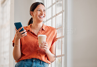 Buy stock photo Office, coffee and businesswoman with smartphone for thinking, message and online on social media. Connectivity, female person and creative agency manager with mobile app for joke, beverage and laugh