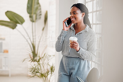 Buy stock photo Thinking, coffee or black woman in startup with phone call, career ambition or business in office. Beverage, African designer or creative entrepreneur talking in agency for ideas, networking or plan