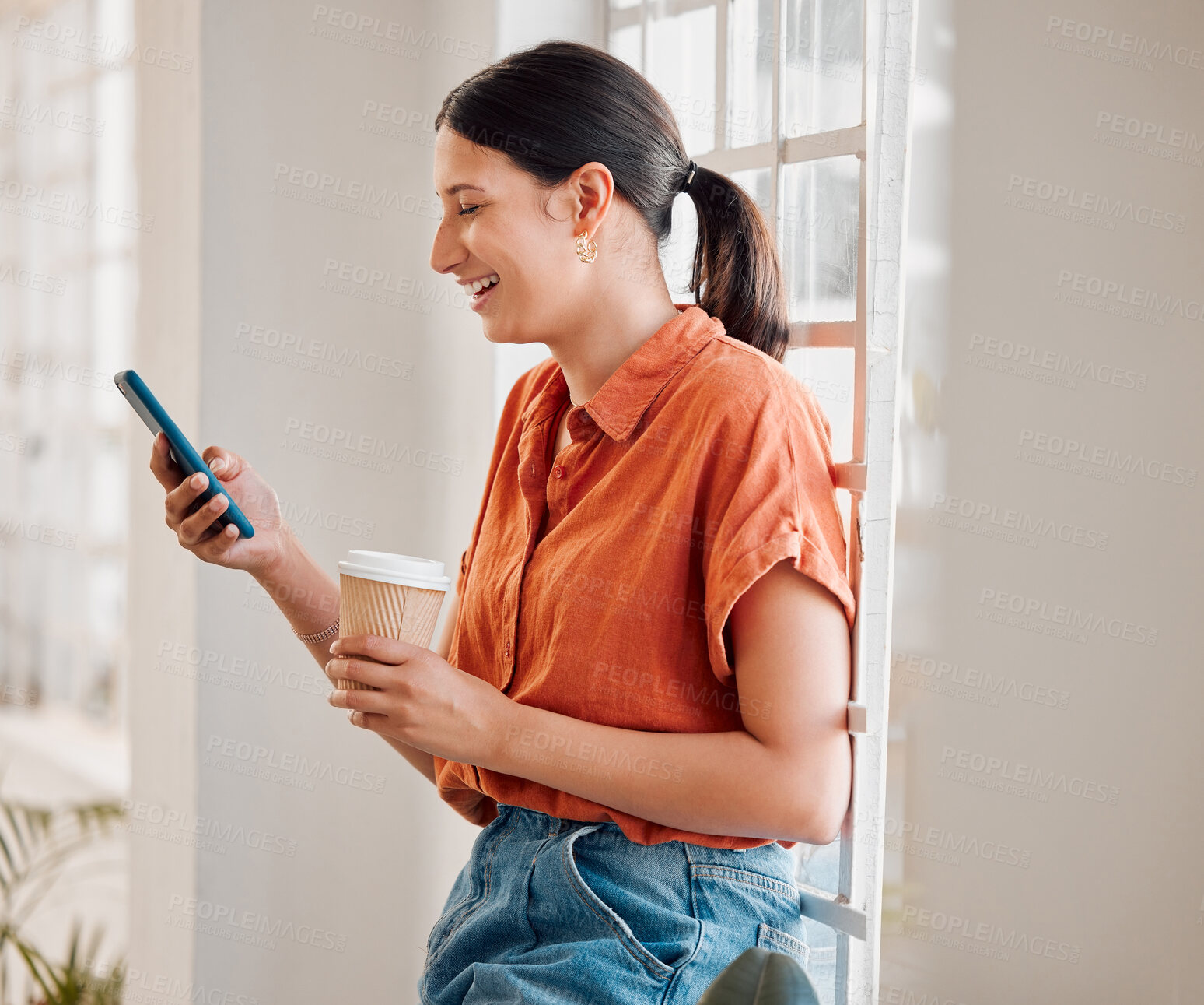 Buy stock photo Office, coffee and businesswoman with cellphone for laughing, message and online on social media. Connectivity, female person and creative agency manager with mobile app for joke, beverage and scroll