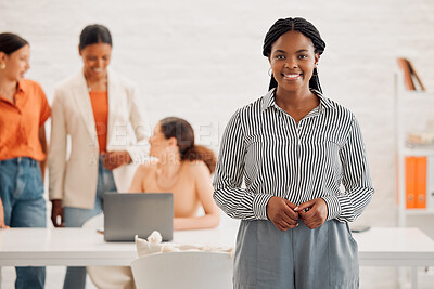 Buy stock photo Happy, confident and portrait of businesswoman in office with team for fashion career at startup company. Smile, project and African female clothing designer with pride for leadership at workshop.