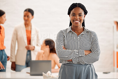 Buy stock photo Happy, crossed arms and portrait of businesswoman in office with team for fashion career at startup. Smile, confident and African female clothing designer with pride for leadership at workshop.