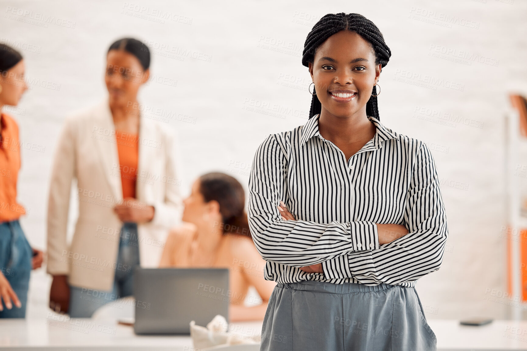 Buy stock photo Happy, crossed arms and portrait of businesswoman in office with team for fashion career at startup. Smile, confident and African female clothing designer with pride for leadership at workshop.