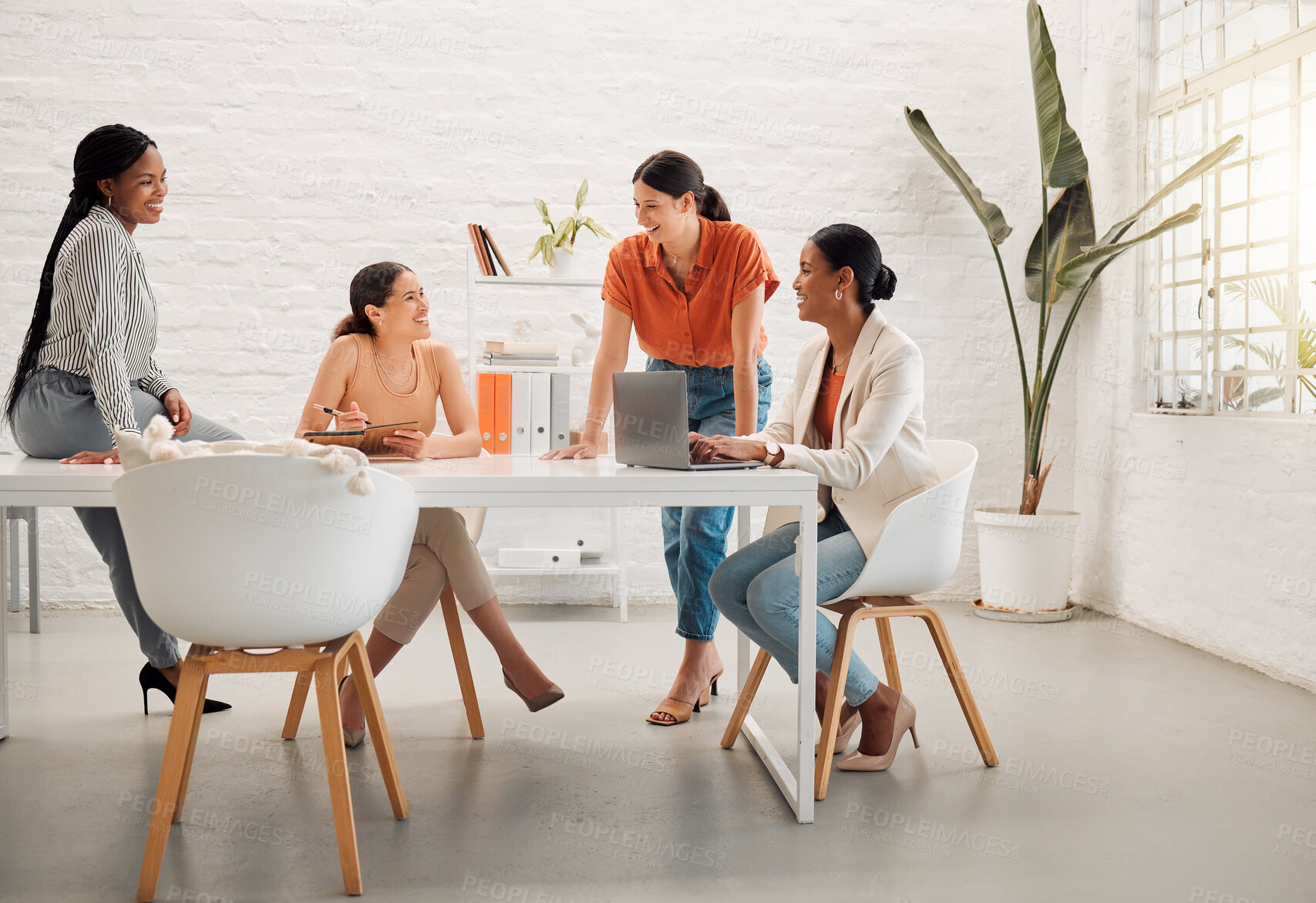 Buy stock photo Meeting, startup and business women with laptop in discussion for project, online review and website. Professional, company and people with computer for research, planning and teamwork in office