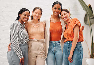 Buy stock photo Happy, portrait and team of businesswomen hug in office with diversity, collaboration or friendship. Smile, solidarity and group of female editors with creative career at copywriting magazine agency.