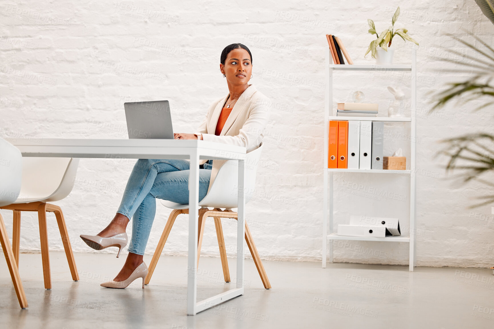 Buy stock photo Woman, thinking and reflection with laptop in office with planning, inspiration and story at media company. Person, writer and happy with pc for article, perspective and newsletter at creative agency