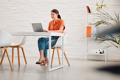 Buy stock photo Woman, smile and typing with laptop in office with planning, inspiration and story at media company. Person, writer and happy with computer for article, feedback and newsletter at creative agency