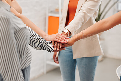 Buy stock photo Business people, hands together and meeting with team for success, winning or collaboration at office. Closeup, employees or group of colleagues piling for unity, coordination or mission at workplace