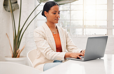 Buy stock photo Woman, thinking and typing with laptop in office for planning, inspiration or story at media company. Person, writer and editor with computer for article, perspective or newsletter at creative agency