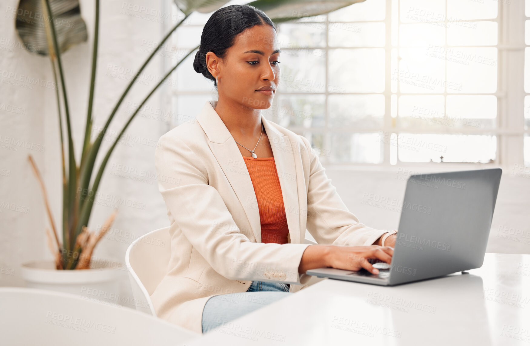 Buy stock photo Woman, thinking and typing with laptop in office for planning, inspiration or story at media company. Person, writer and editor with computer for article, perspective or newsletter at creative agency