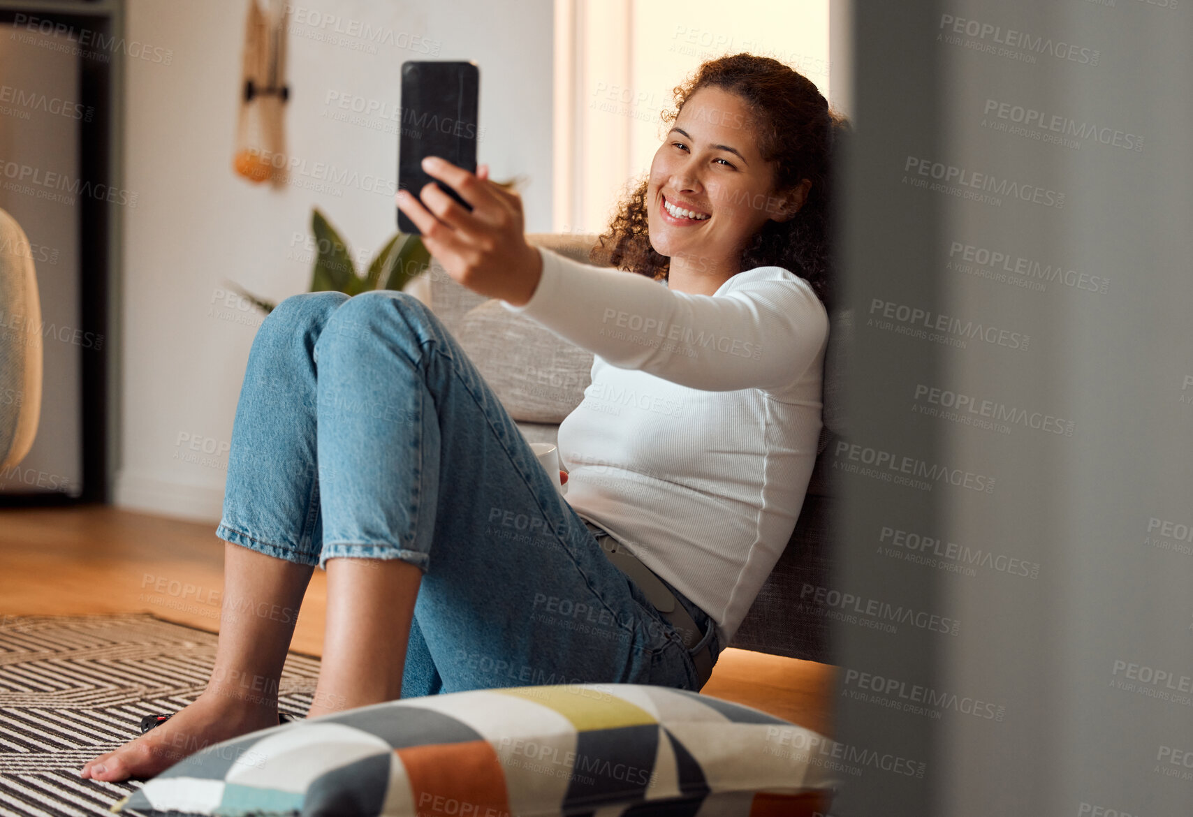 Buy stock photo Woman, selfie and home with social media, video and morning on floor with smile in living room. Vlogger, live streaming and internet with profile picture and relax with digital app in lounge on tech