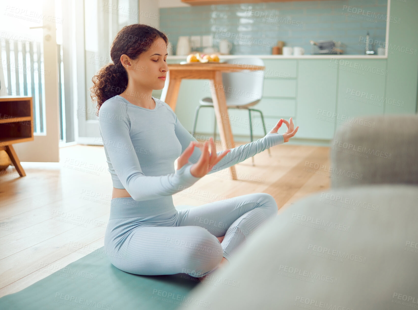 Buy stock photo Yoga, meditation and woman in home breathe for wellness, healthy body and mindfulness on floor. Pilates, balance and person in lotus pose for calm exercise, peace and spiritual awareness in morning