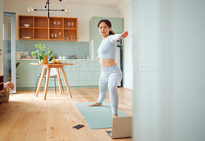 Buy stock photo Woman, exercise and laptop with yoga in home for virtual class, subscription and fitness in morning. Floor, mat and person with technology in living room for online course, balance and instruction