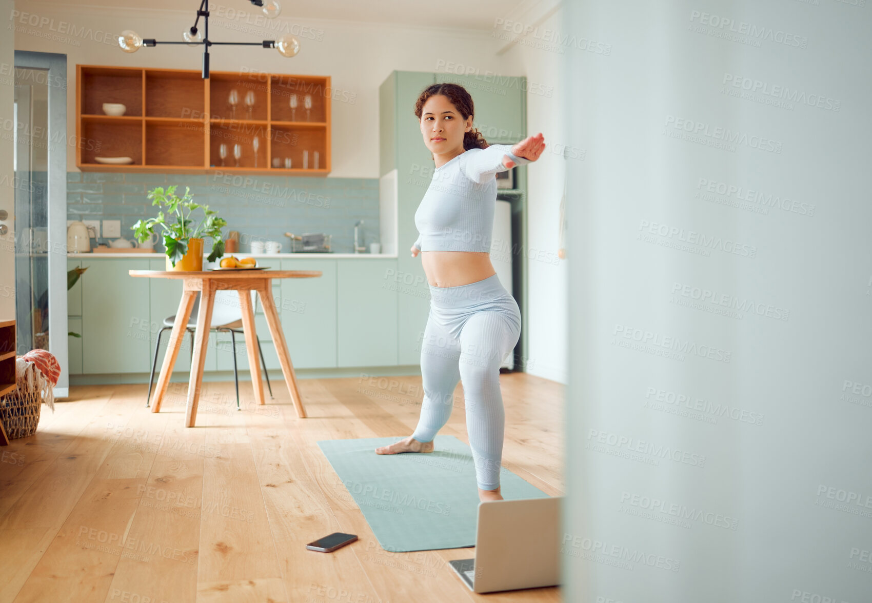 Buy stock photo Woman, exercise and laptop with yoga in home for virtual class, subscription and fitness in morning. Floor, mat and person with technology in living room for online course, balance and instruction