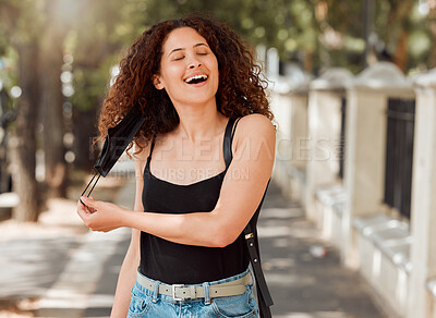 Buy stock photo Happy, woman and removing face mask in city for healthcare safety, support and freedom to breathe. Outdoor, smile and female person walking with ppe for fresh air, relief and end of Covid 19 pandemic