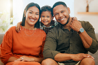 Buy stock photo Portrait, smile and relax with family on sofa for love, comfortable and happiness together. Care, bonding and hug with parents and child in living room at home for silly, morning and support