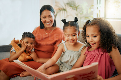 Buy stock photo Home, family and story book in living room with reading, mother and African kids with bonding on sofa. Happy, weekend and development with love, support and care with youth learning in lounge