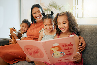 Buy stock photo Reading, book and smile with family on sofa for love, fairytale and happiness together. Care, storytelling and fantasy with mother and children in living room at home for bonding, relax and learning