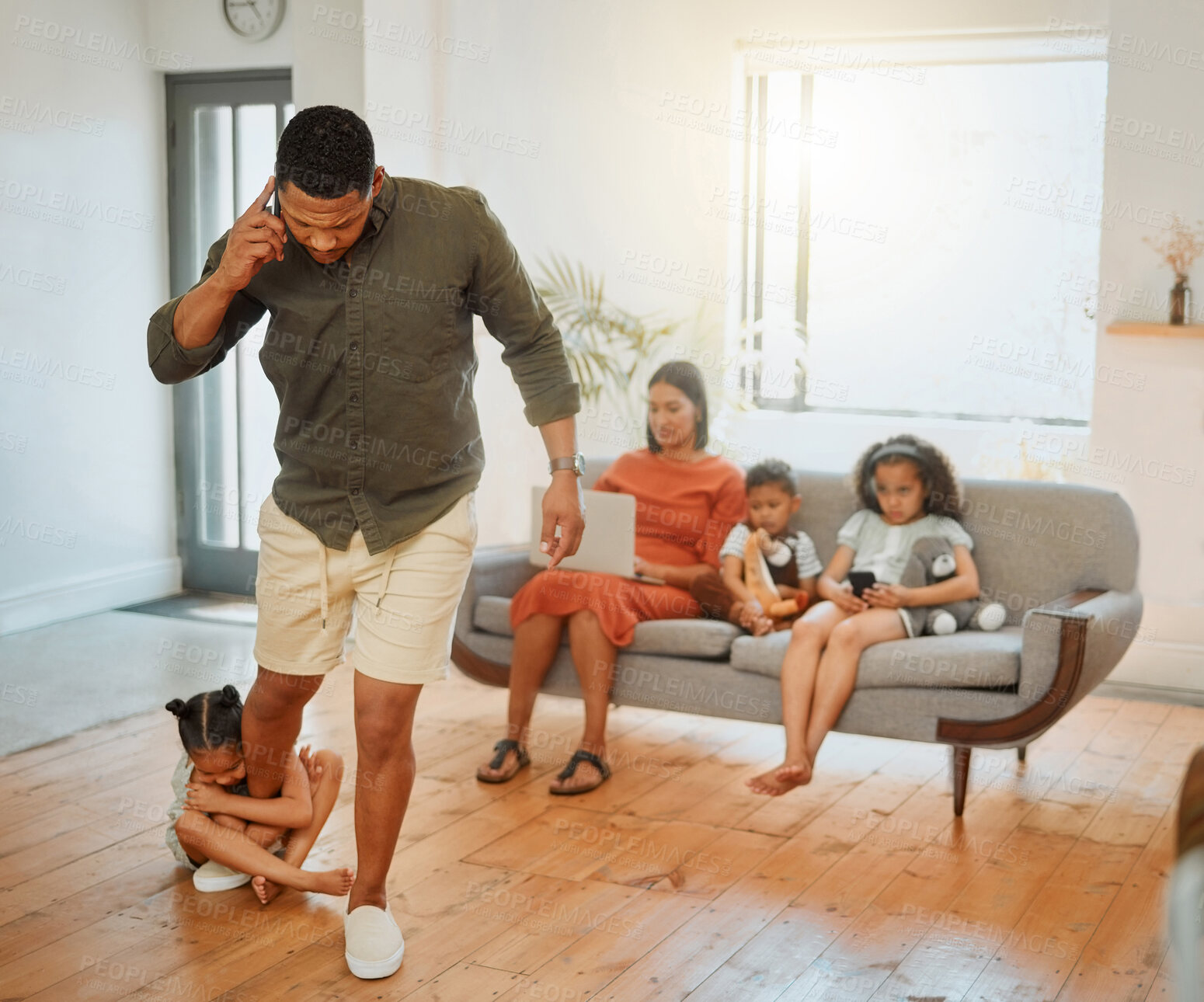 Buy stock photo Phone call, home and child on leg of father for playing, tantrum and discipline together in living room. Family, relax and girl kid clinging dad on floor for bad attitude and sad in lounge at house.