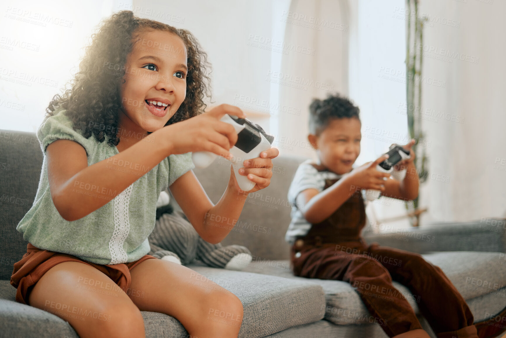 Buy stock photo Happy, controllers and children on sofa with video game for bonding, weekend and relax in home. Excited, rest and kid siblings live streaming electronic entertainment for fun in living room at house.