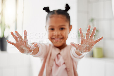 Buy stock photo Young girl, portrait and washing hands with soap, cleaning and hygiene in the morning in bathroom. Home, youth and bacteria protection with routine, foam and health support for wellness and smile