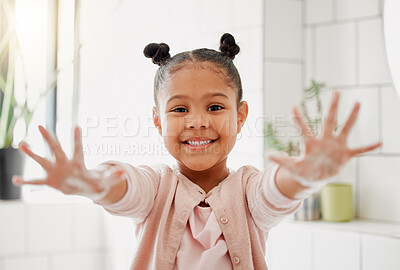 Buy stock photo Young kid, portrait and washing hands with soap, cleaning and hygiene in the morning in bathroom. Home, youth and bacteria protection with routine, foam and health support for wellness and smile